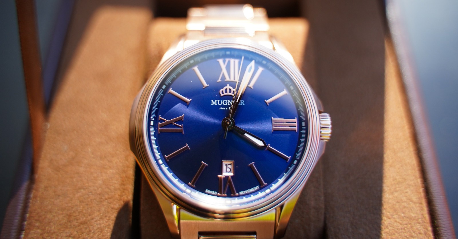 Mugnier Swiss Movement Luxury Dress Watch – Rose Gold & Royal Blue Dial