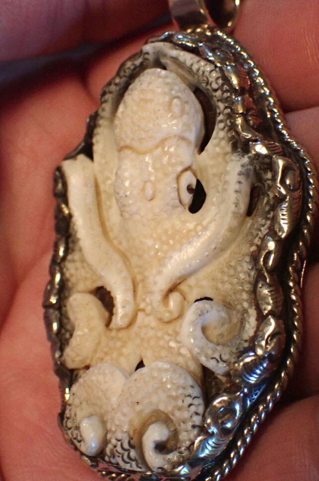 Octopus Squid Carved Pendant in Tibetan Silver Arms curled up approx 2 1/8 “