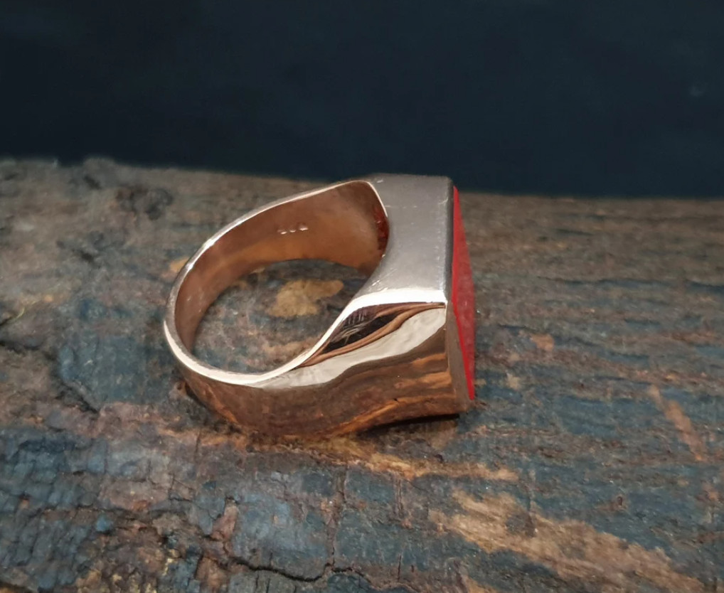 Rose Gold Red Coral Signet Men’s Ring 925 Sterling Silver Coral Jewelry For Boys