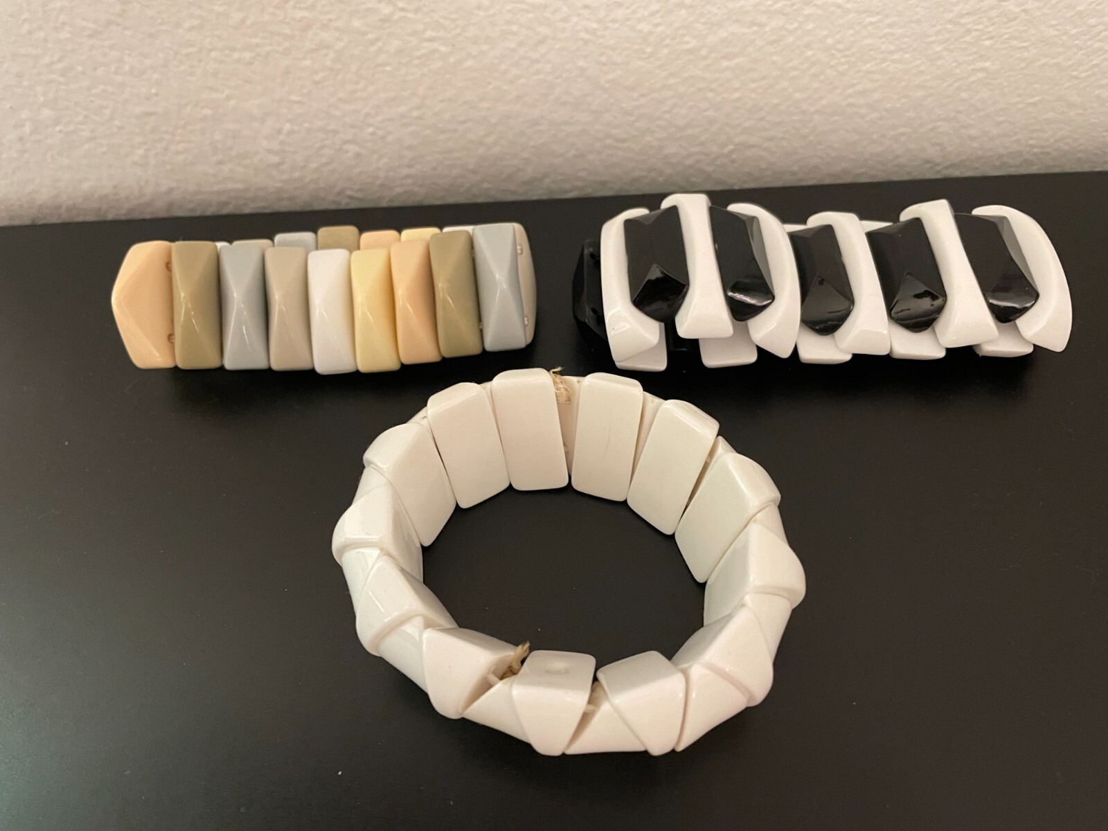 3 VTG Funky Triangle Black, White, Yellow, Gray Acrylic Stretch Bracelet Retro
