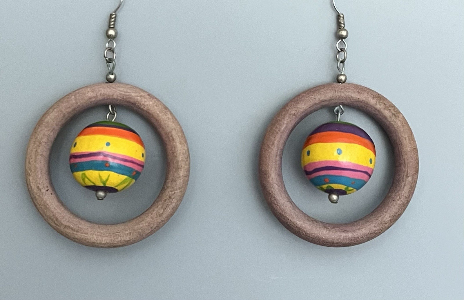 Vintage Bright Neon Enamel Wood Ball- Hoop-Dangle Earrings-Handmade-Toy-Fun