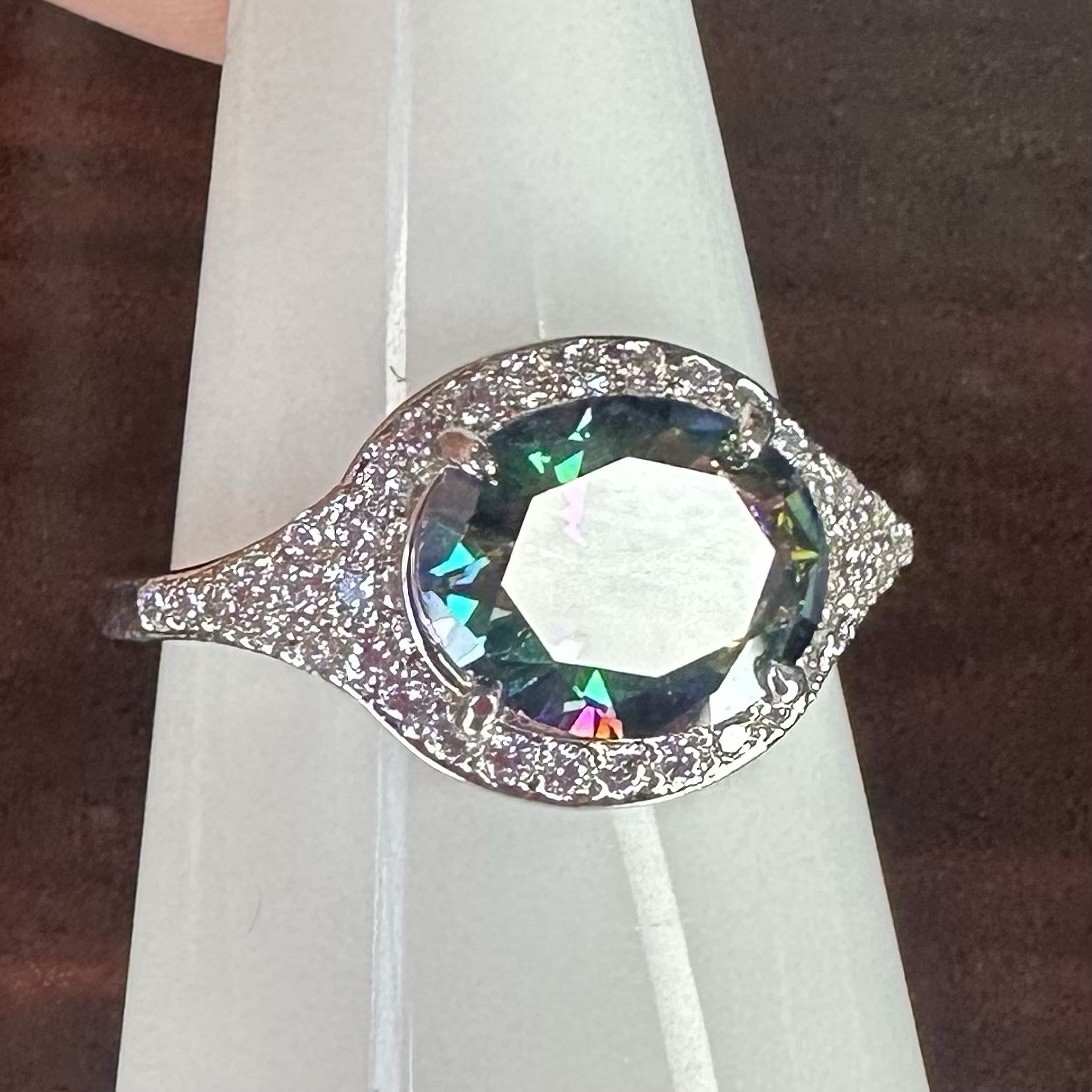 Bomb Party Ring- 6663- Lab Created Rainbow Topaz- Size 8- Rhodium Plated