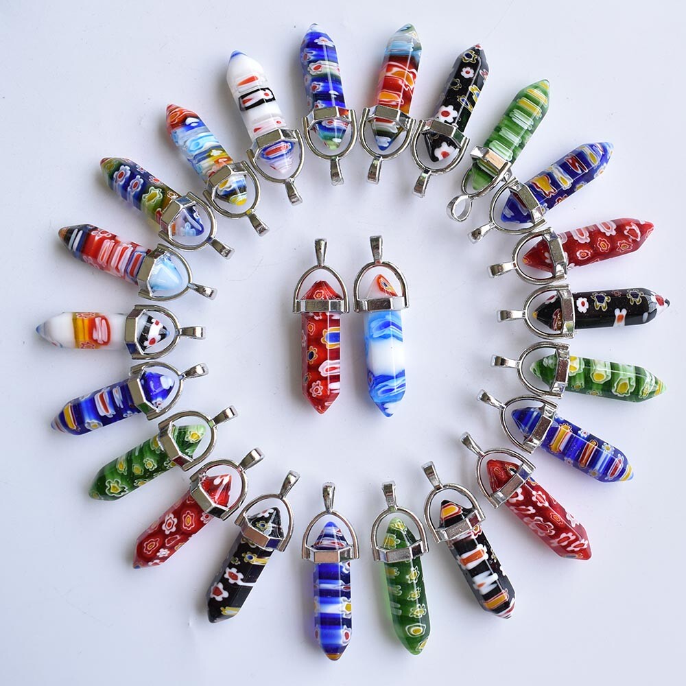 30pcs Mixed Thousand Flower Glass Pillar Point Charm Pendants for Jewelry Making