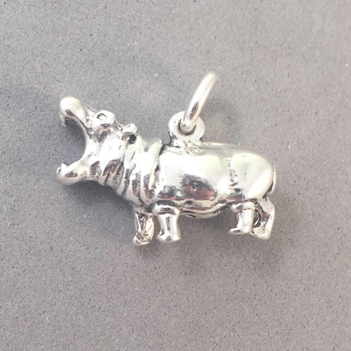 .925 Sterling Silver 3-D HIPPOPOTAMUS Open Mouth CHARM NEW Pndant Hippo 925 AN33