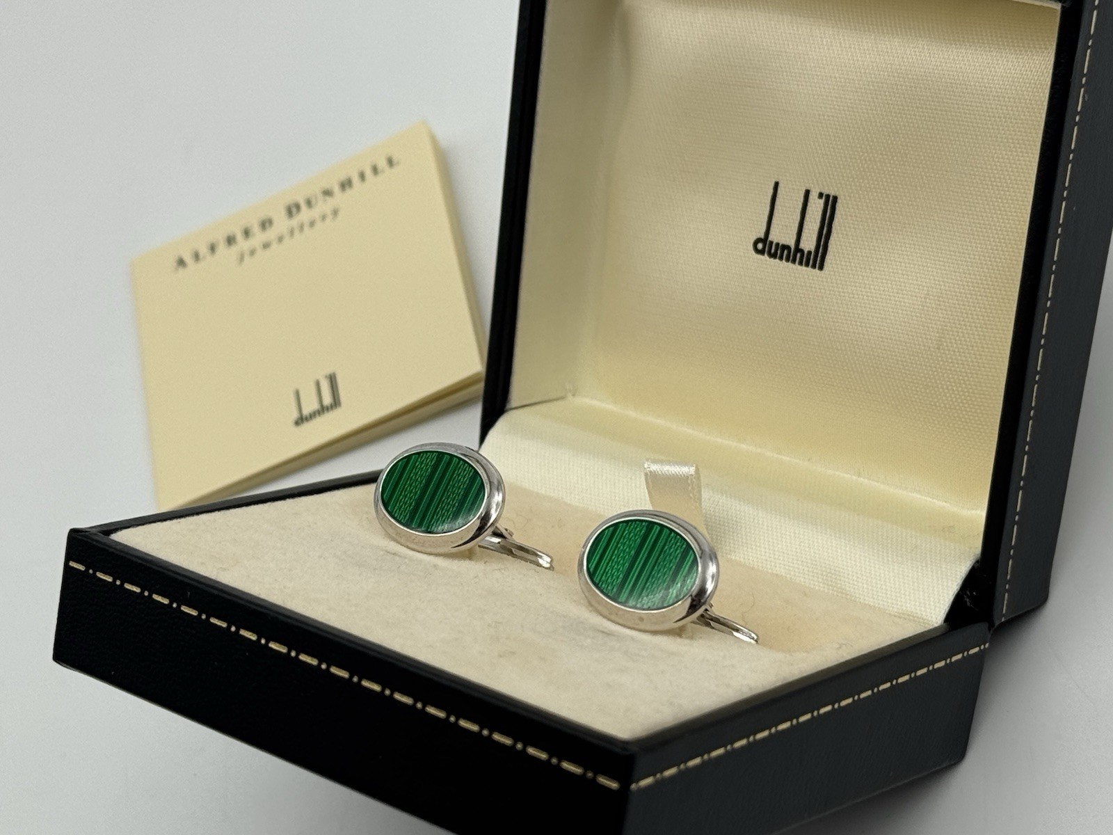 DUNHILL 925 SILVER GUILLOCHE GREEN ENAMEL CUFFLINKS MINT 100% GENUINE ~$550 RARE