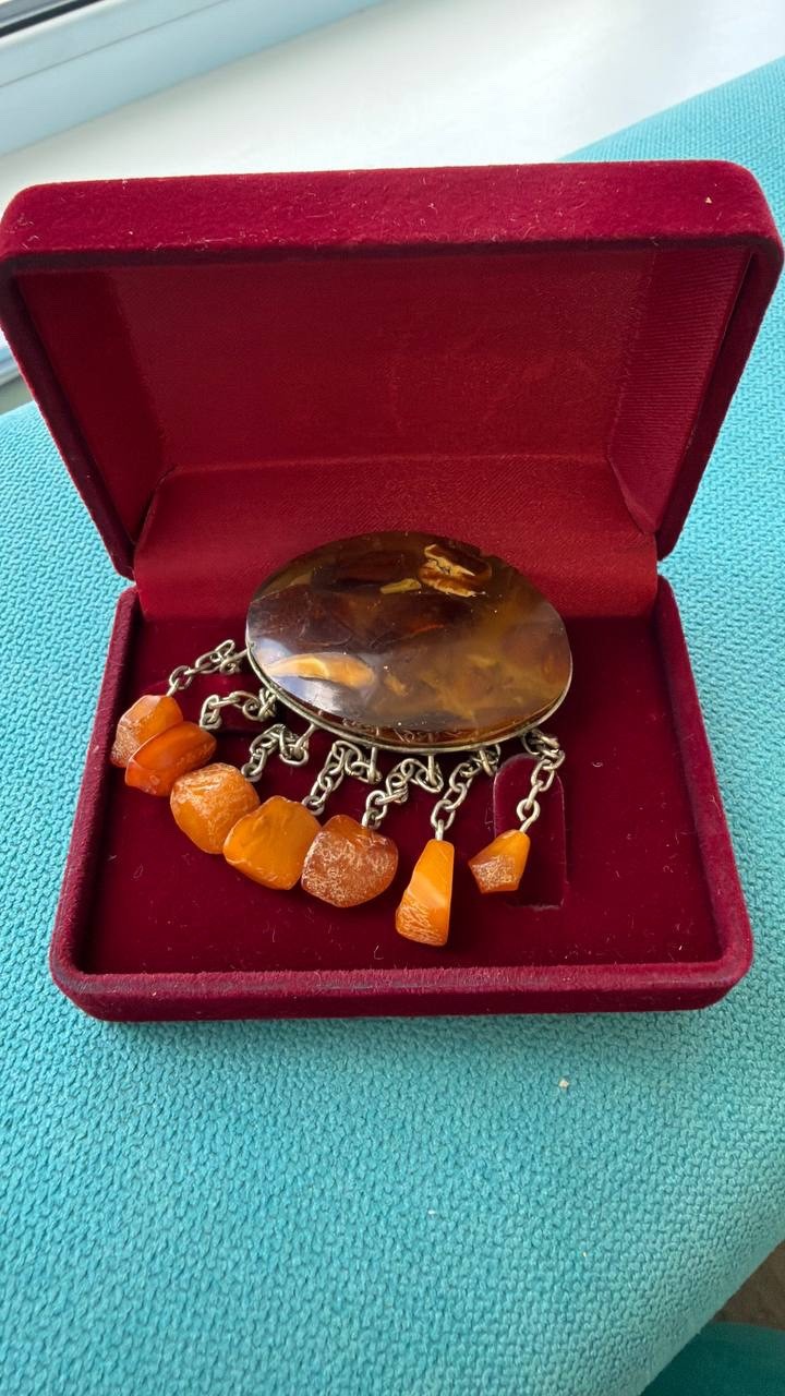 Vintage USSR Baltic Amber Mosaic Brooch Dangle Natural Amber 22g Rare