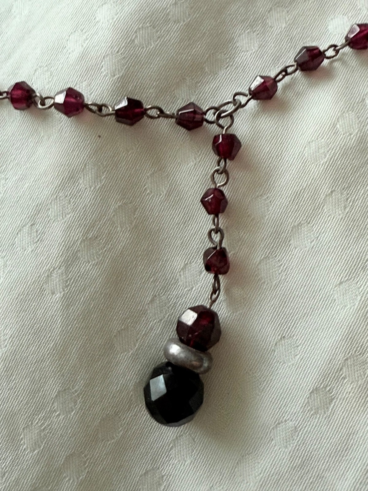 Vintage sterling silver 925 garnet Y necklace beaded pendant 15.5″ with 1.5″ ex