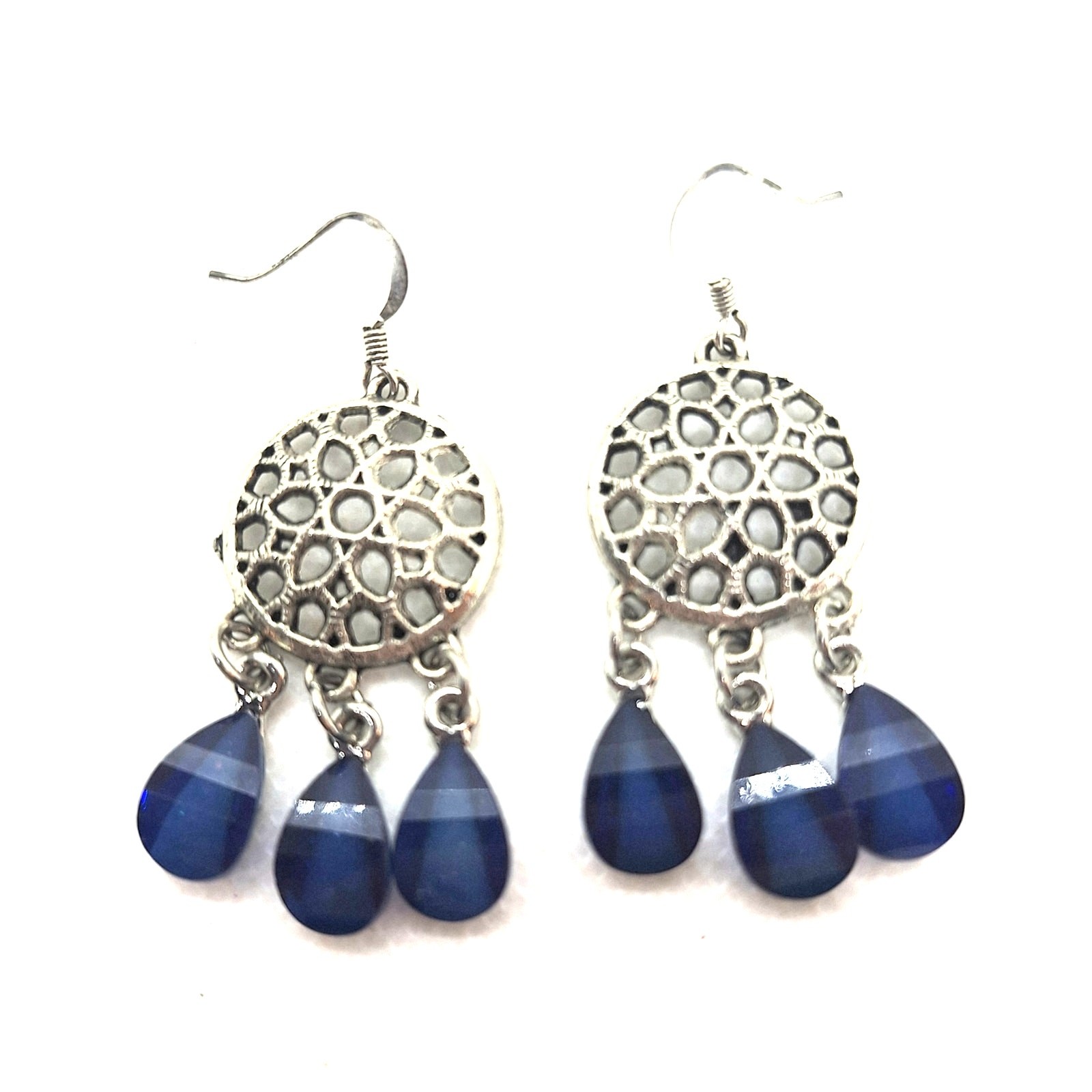 Chandelier Earrings Silver Tone Blue Acrylic Stones Fish Hook Earwires