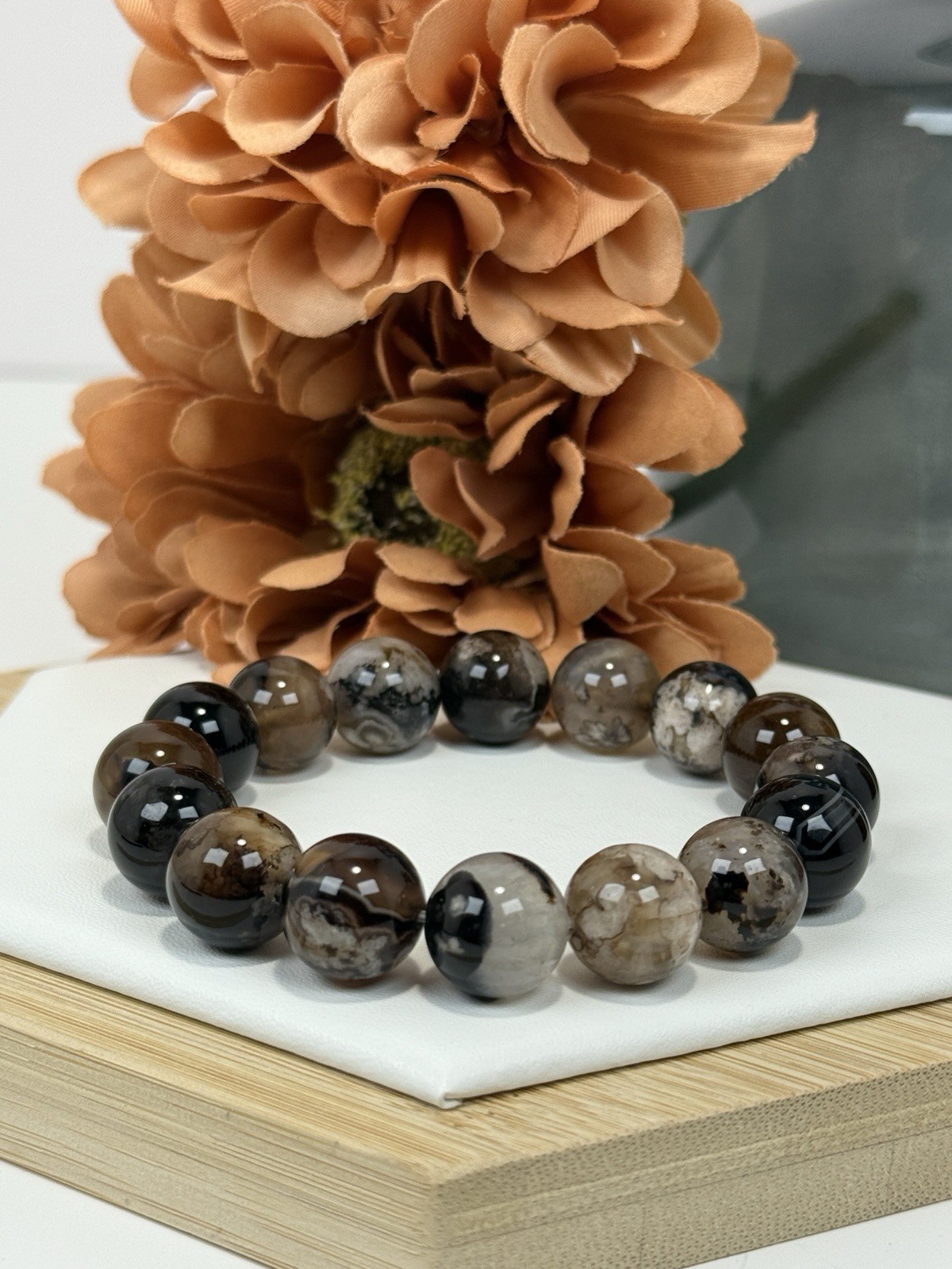 Flower Agate Black Bead Bracelet 13MM