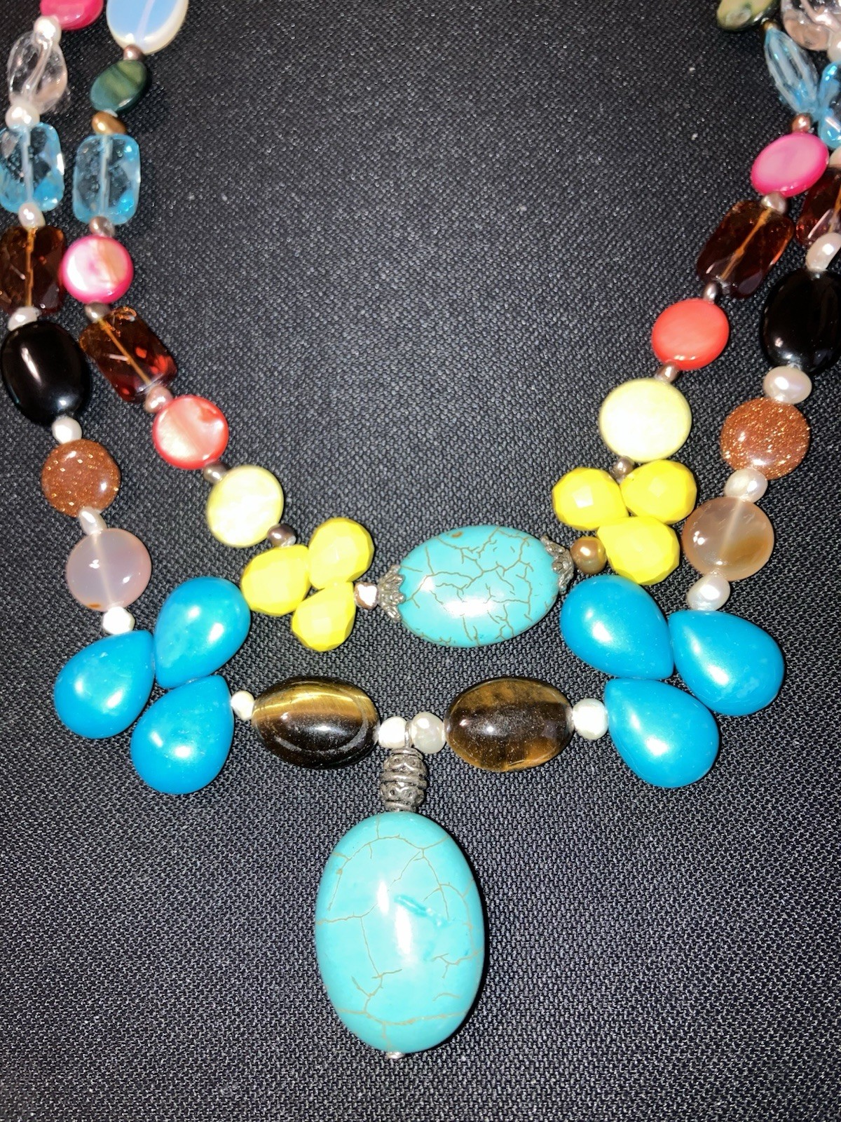Lovely Faux Turquoise & Semi-Precious Colorful Gemstones Multi-Strand Necklace