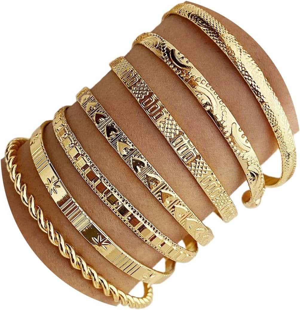 Gold Plated Bangle Bracelets Women Stackable Cuff Set Trendy Boho Non Tarnish