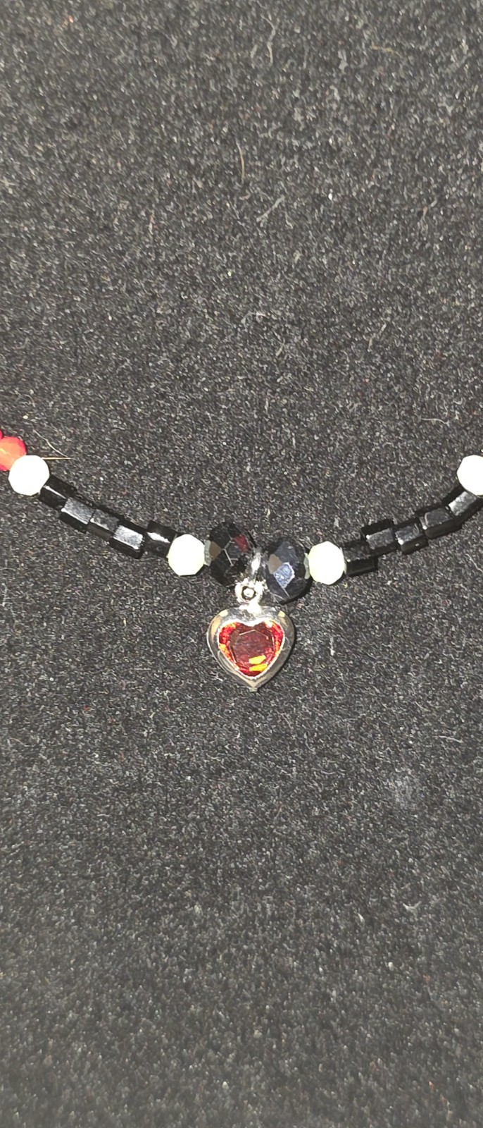 Red Black White Beaded Ball Chain Necklace Silver Tone Heart Charm Pendant
