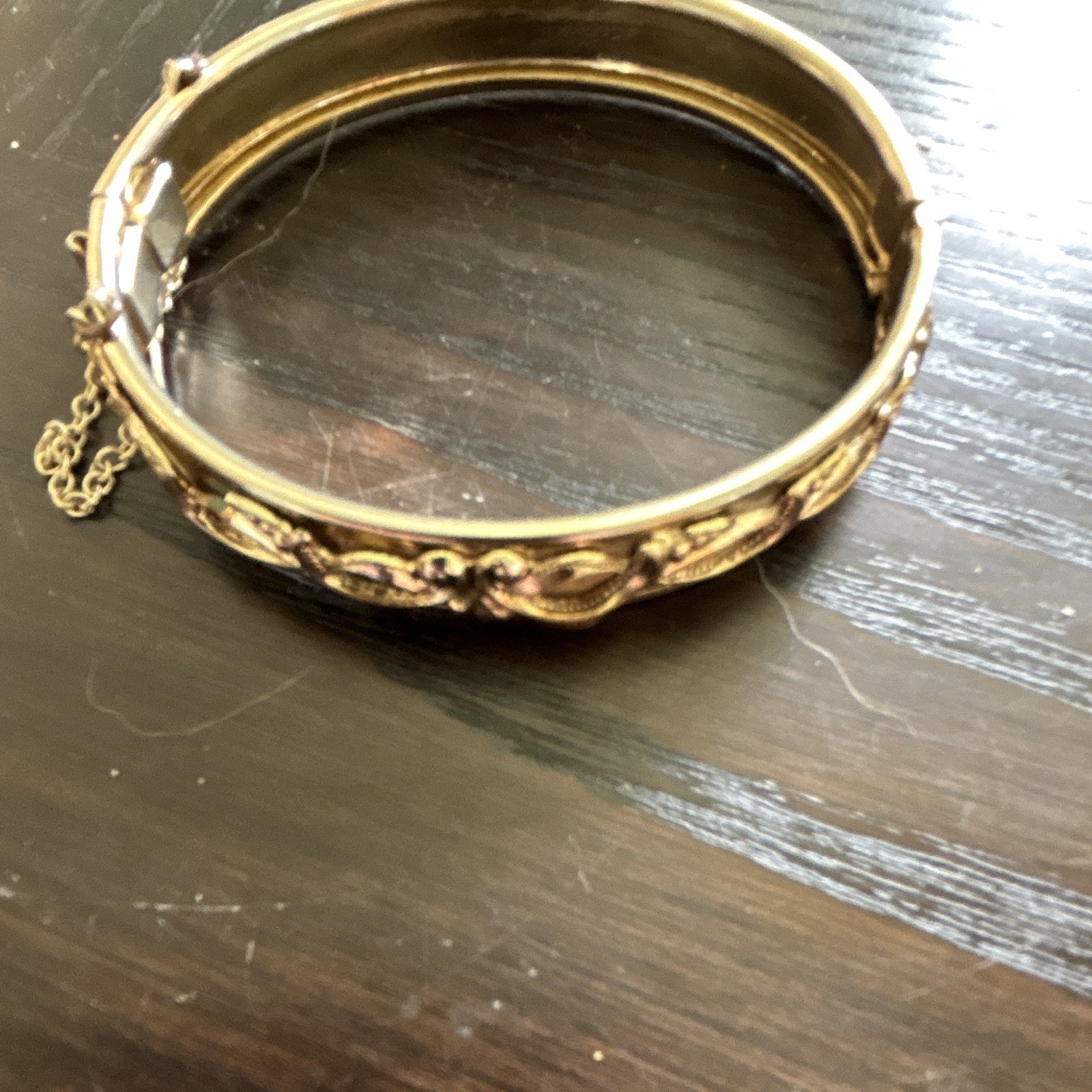 Gold Tone Hinged Bangle Bracelet w/ Safety Chain —Whiting and Davis signed vin