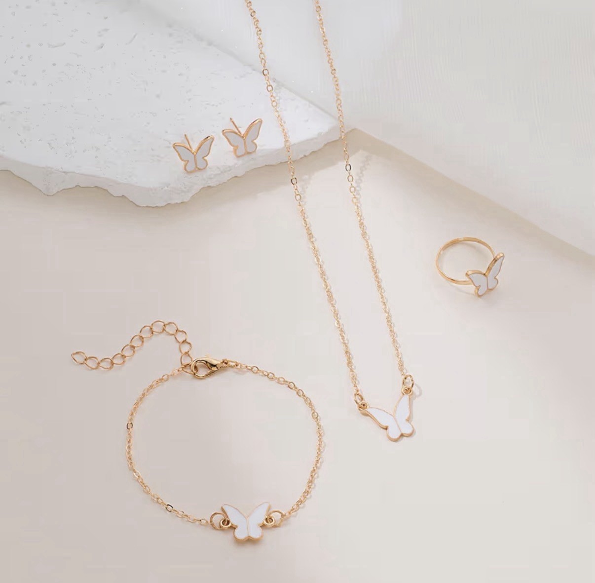 4Pc Butterfly Gold Plated Jewelry Set Necklace Earrings Bracelet Ring for Women