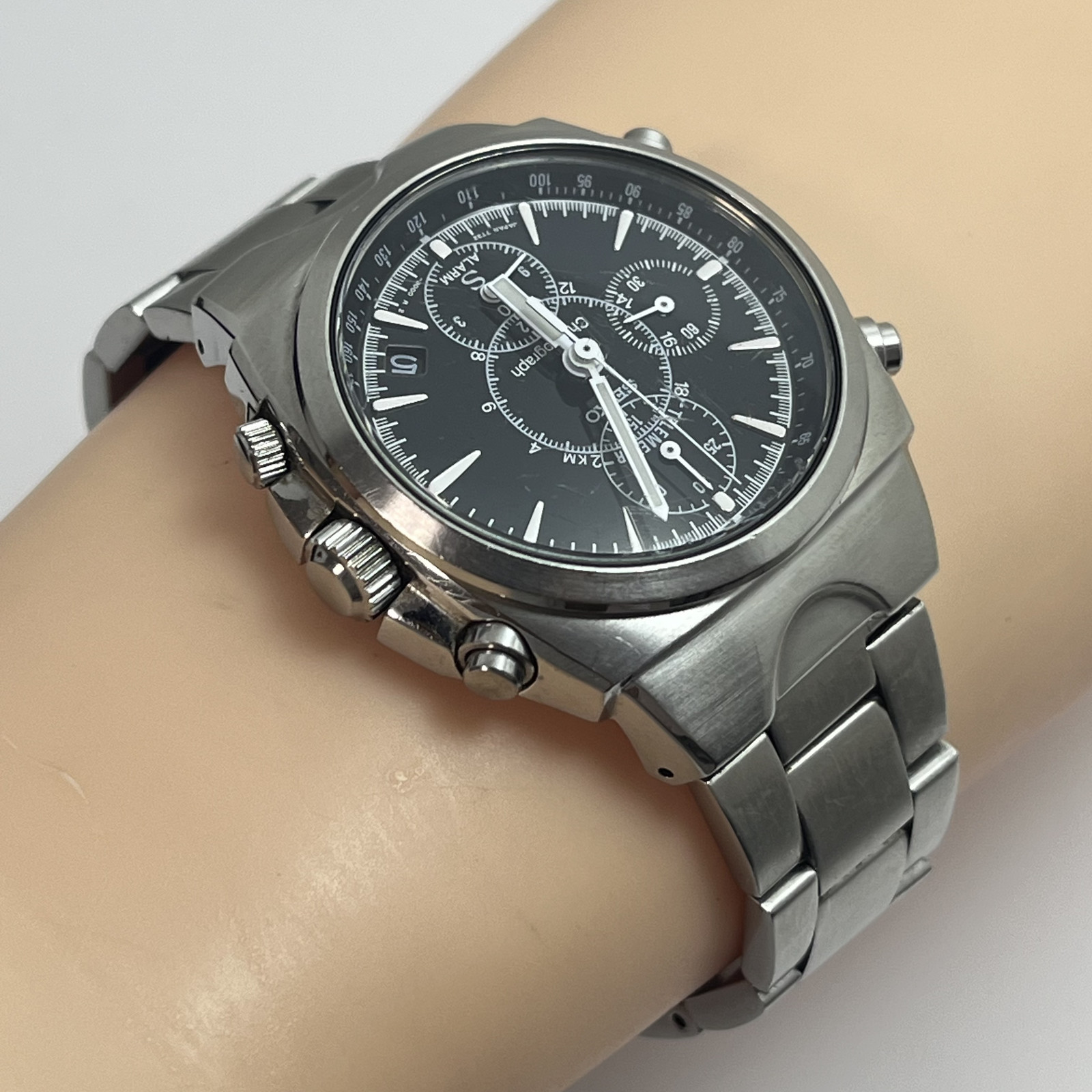 Seiko SUS Chronograph 7T32-9000 Qz Japan Alarm SS Vintage Watch #B791