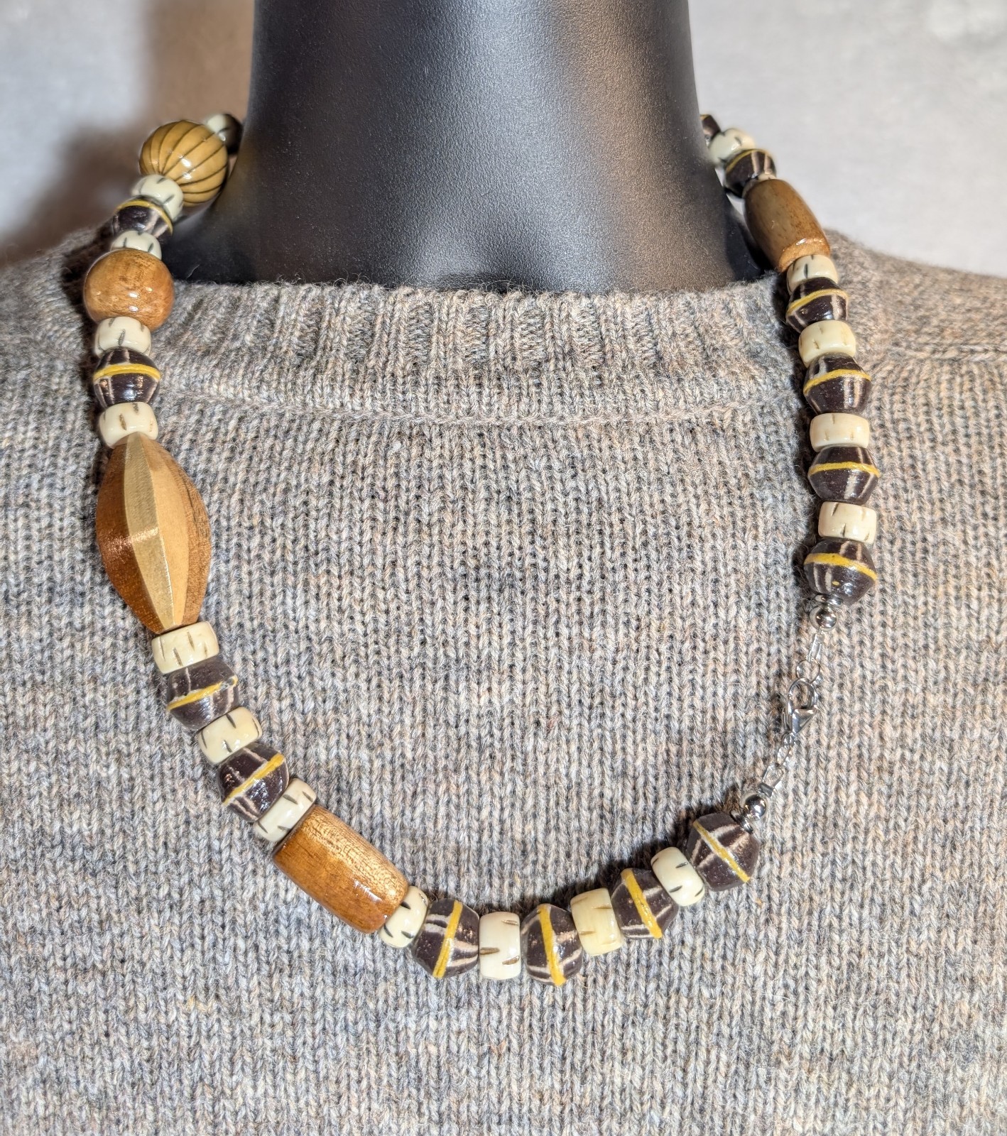 Tribal Wood Bead Necklace, African Krobo Bicone, Bone, Men’s 23in, Earth Tones