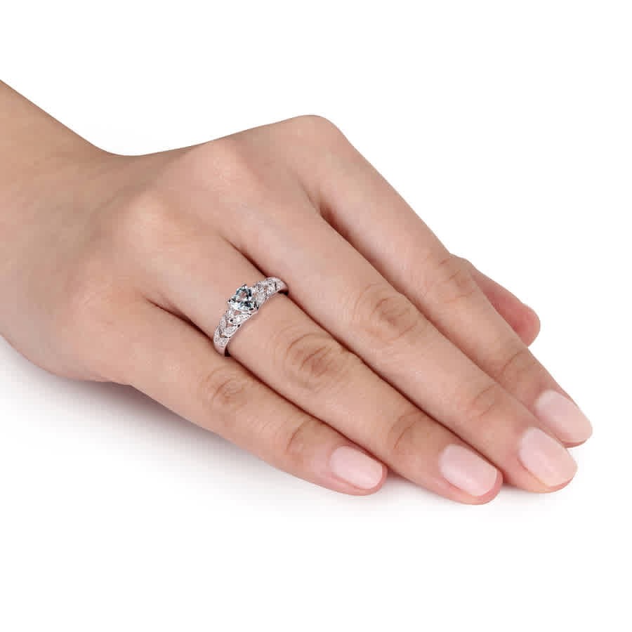 Amour Sterling Silver 0.05 CT Diamond TW And 1/3 CT TGW Aquamarine Heart Ring