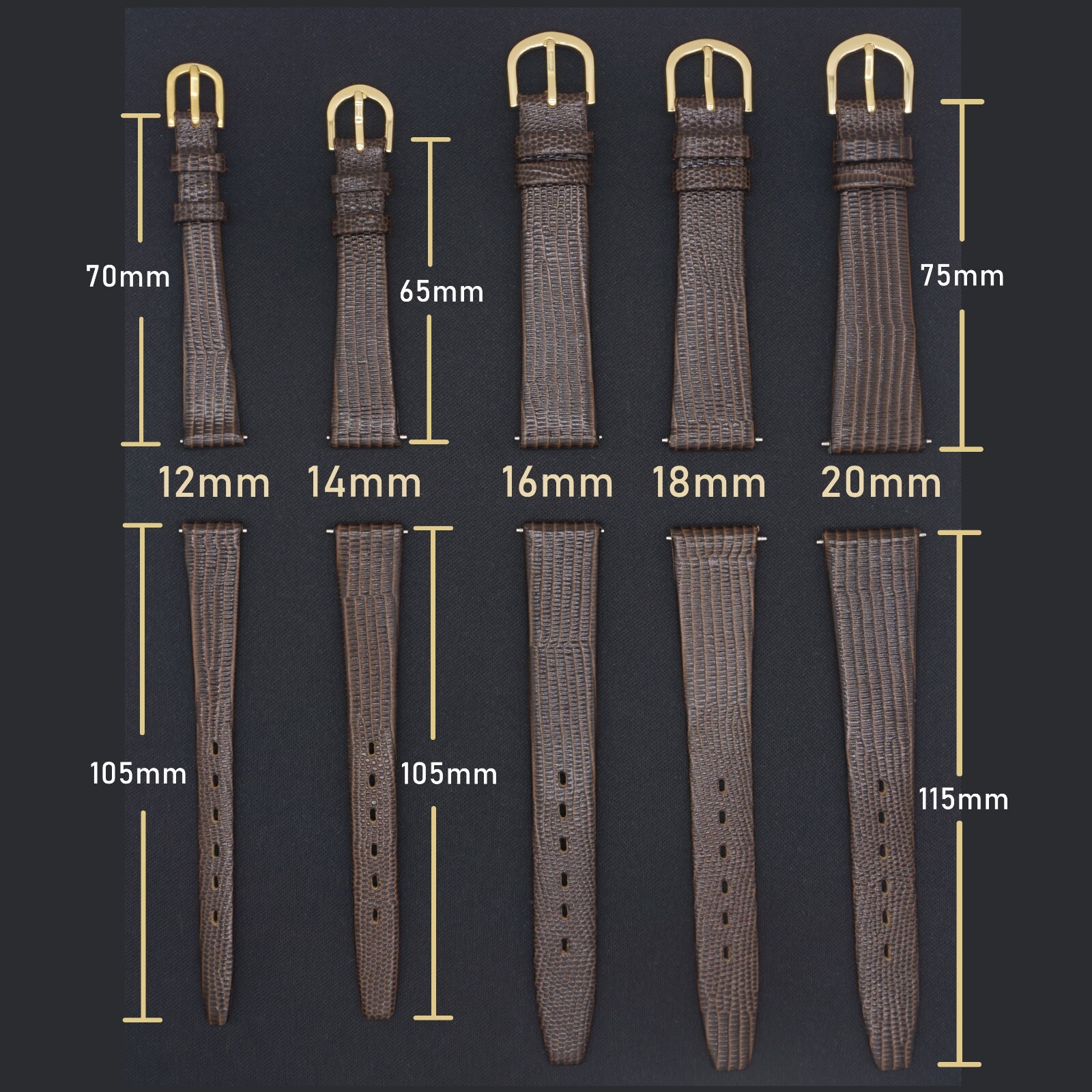 12 14 16mm 17mm 18mm 19mm 20mm Watch Band Strap Lizard Calf Leather Black Brown