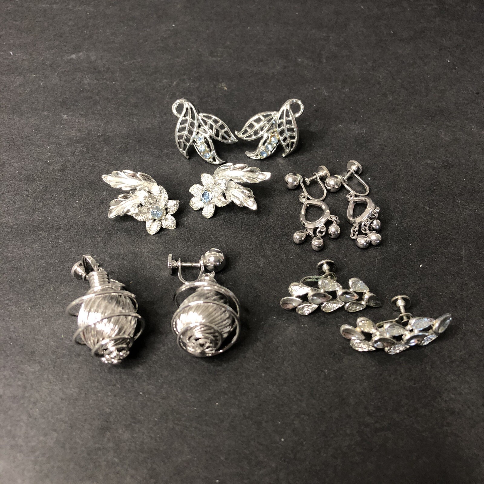 Vintage 1960s CORO Silver Toned Screw Back Earrings Dangle Floral MCM Set of 5