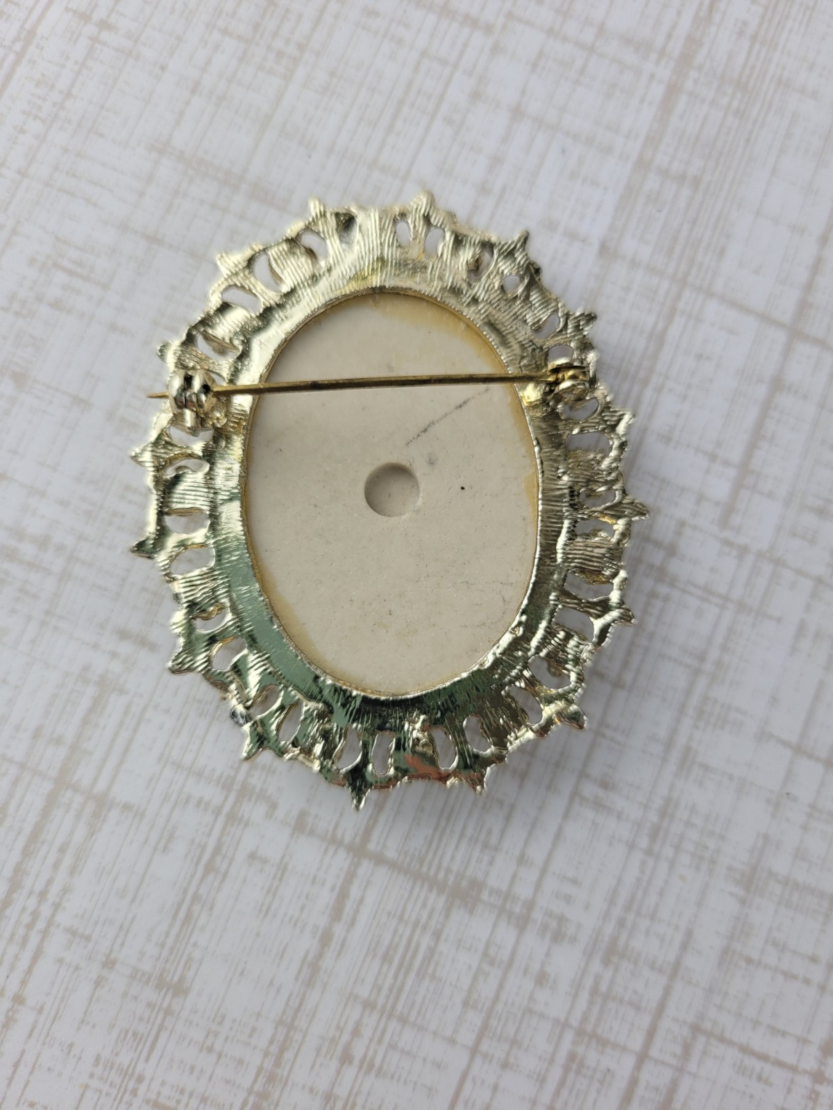 Vintage Hand Painted Floral Flower Cosmos Daisy Gold Tone Cameo Style Brooch