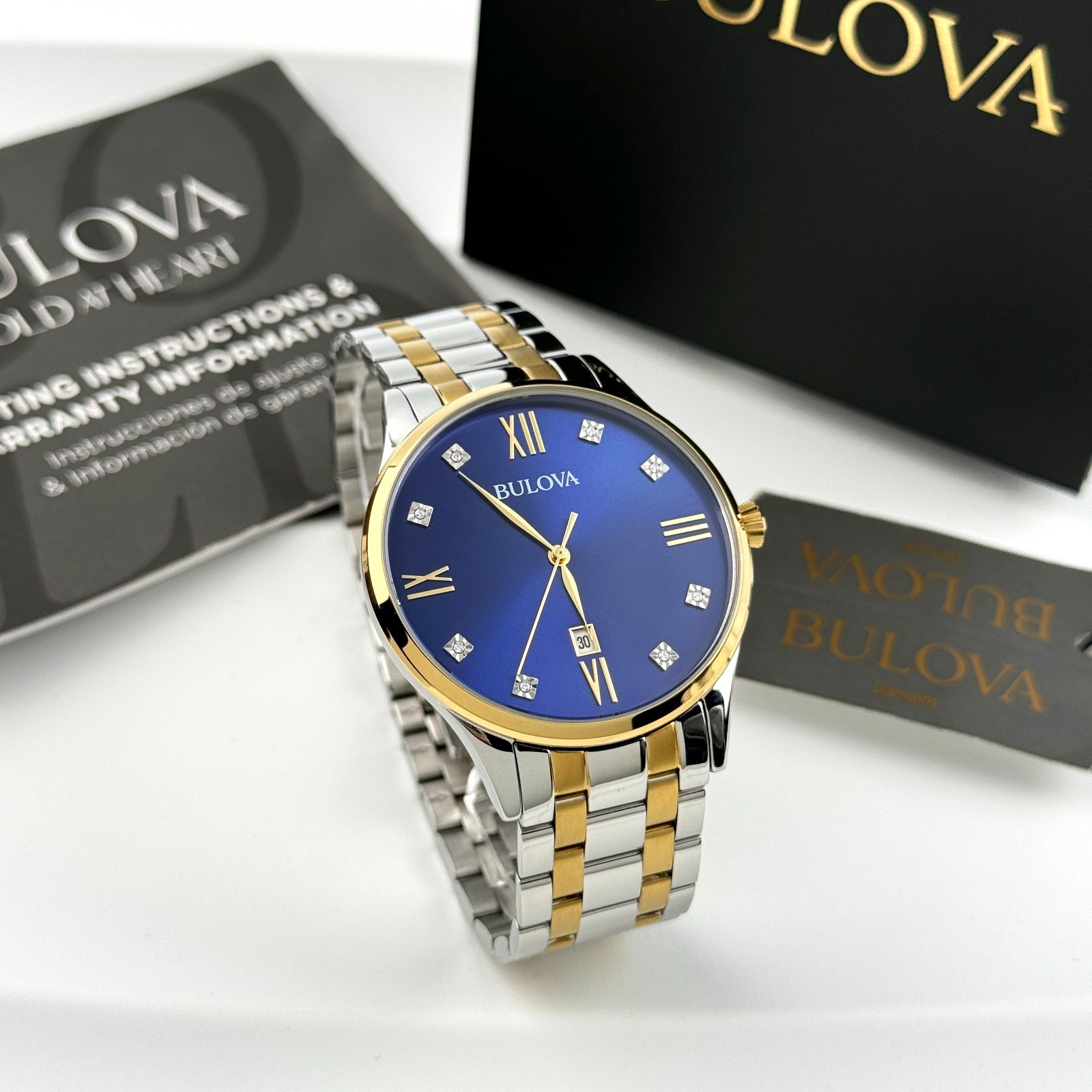 Bulova 98D130 Classic Diamond Quartz Stainless Steel Men’s Watch Blue Dial 40mm