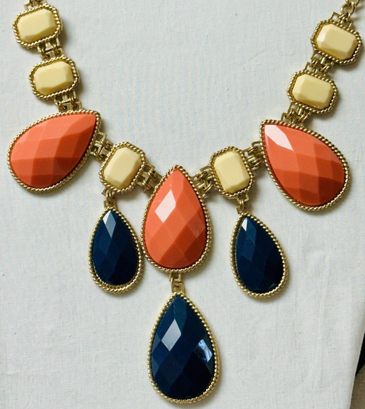 ALDO Orange Blue Faceted Teardrop Dangle Cabochon Bib Statement Necklace n890