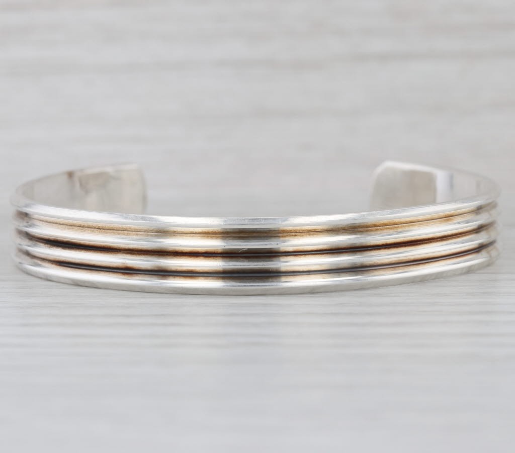 Vintage Beveled Ridged Cuff Bracelet Sterling Silver 7.25″ 10.2mm