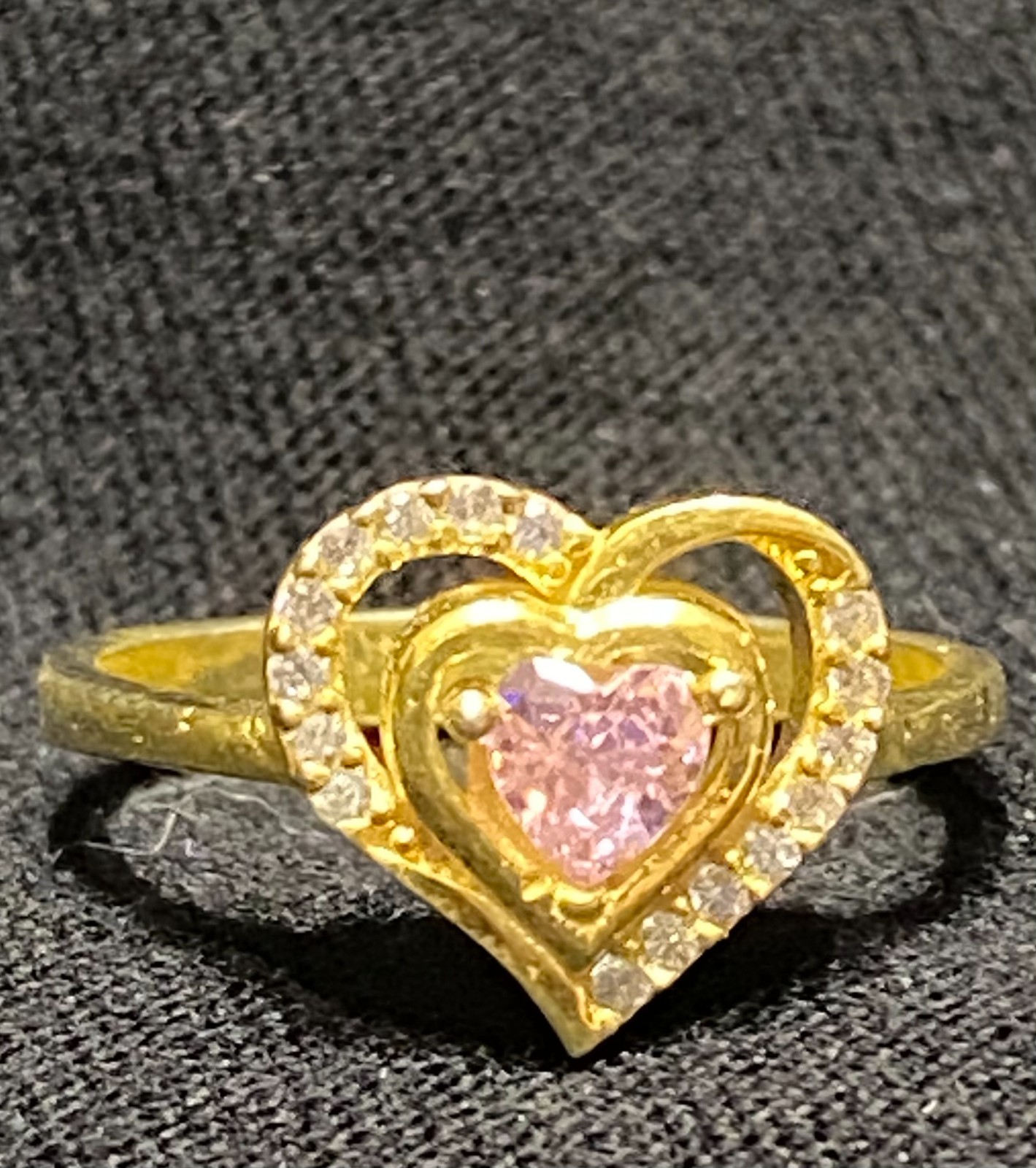 925 Sterling Silver Gold Plated Pink Sapphire CZ Heart Ring Size 7 Romantic