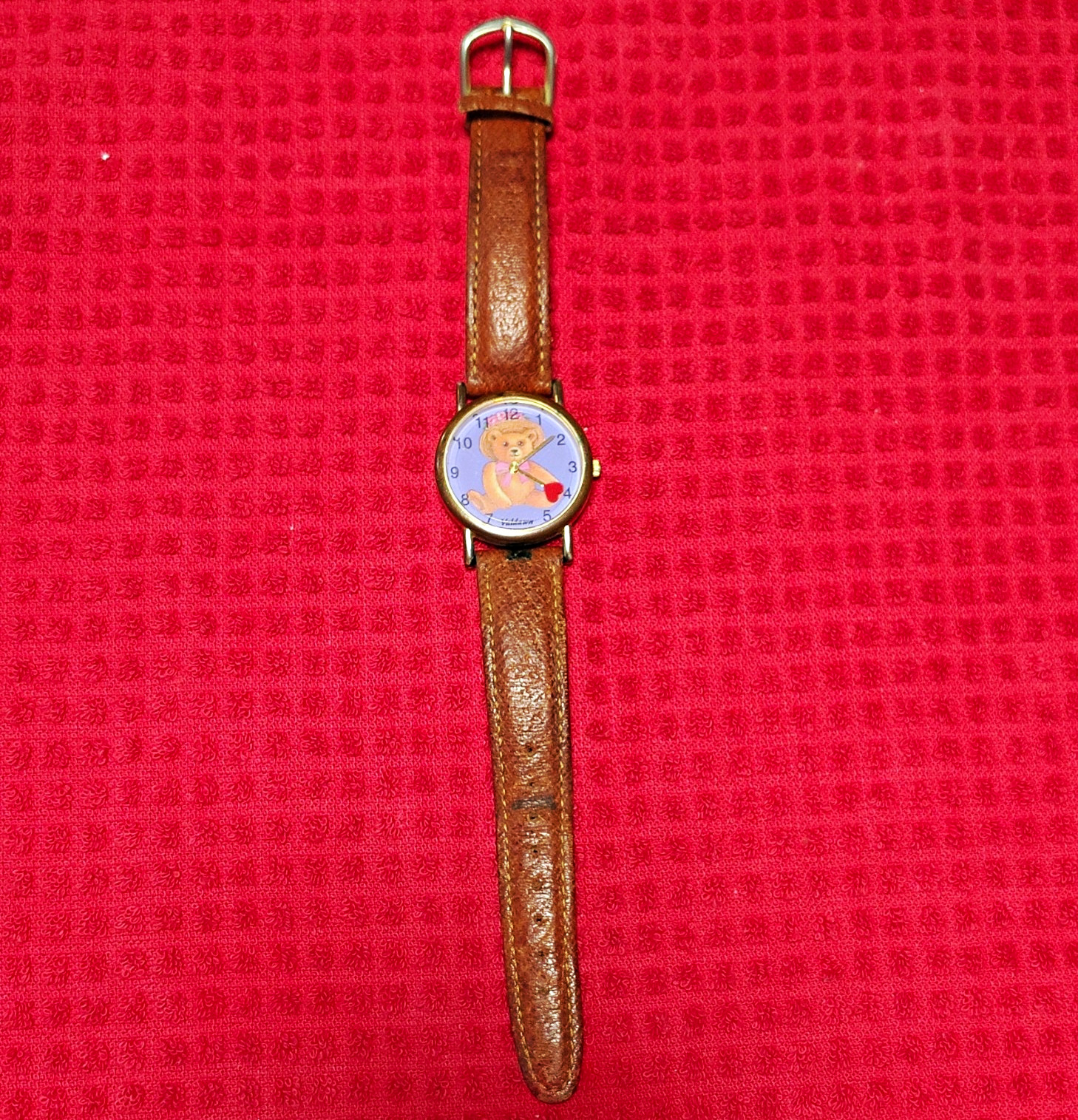Valdawn Kids Quartz Analog Teddy Bear Dial Blue Brown Leather Gold 24-27.9mm