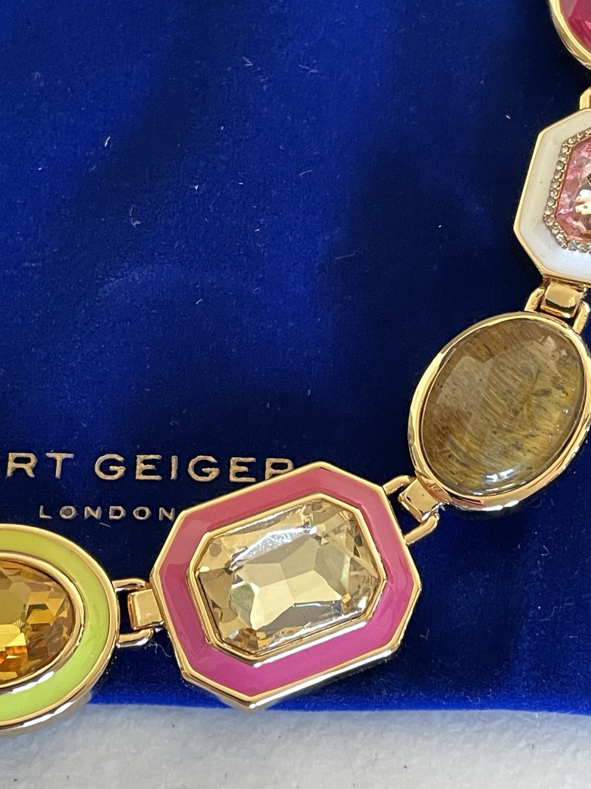 KURT GEIGER SIGNATURE GOLD TONE STONE GEM COLLAR NECKLACE MULTI 18”+ 2”