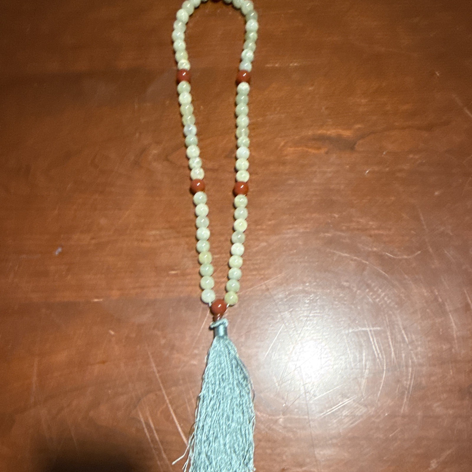 Vintage Green Jade and Red Agate Necklace with tassel. 28” long