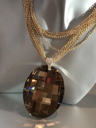 14K Gold Plated Chain Brown Big Oval Pendant Sweater Necklace Toggle Clasp
