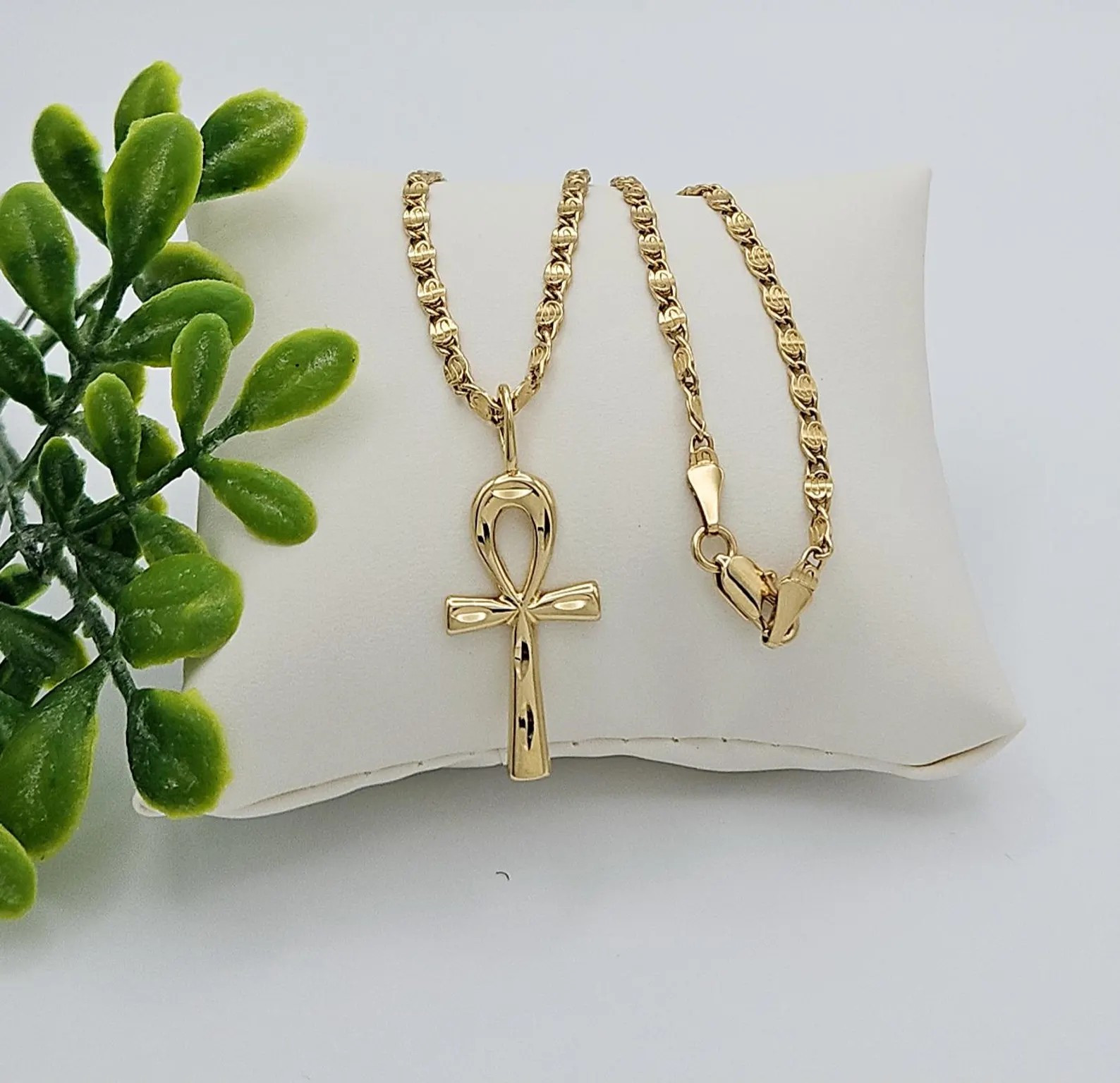 Gold Ankh Necklace, Diamond Cut Ankh Necklace, 14k Heavy Plated Gold, 3mm Chain
