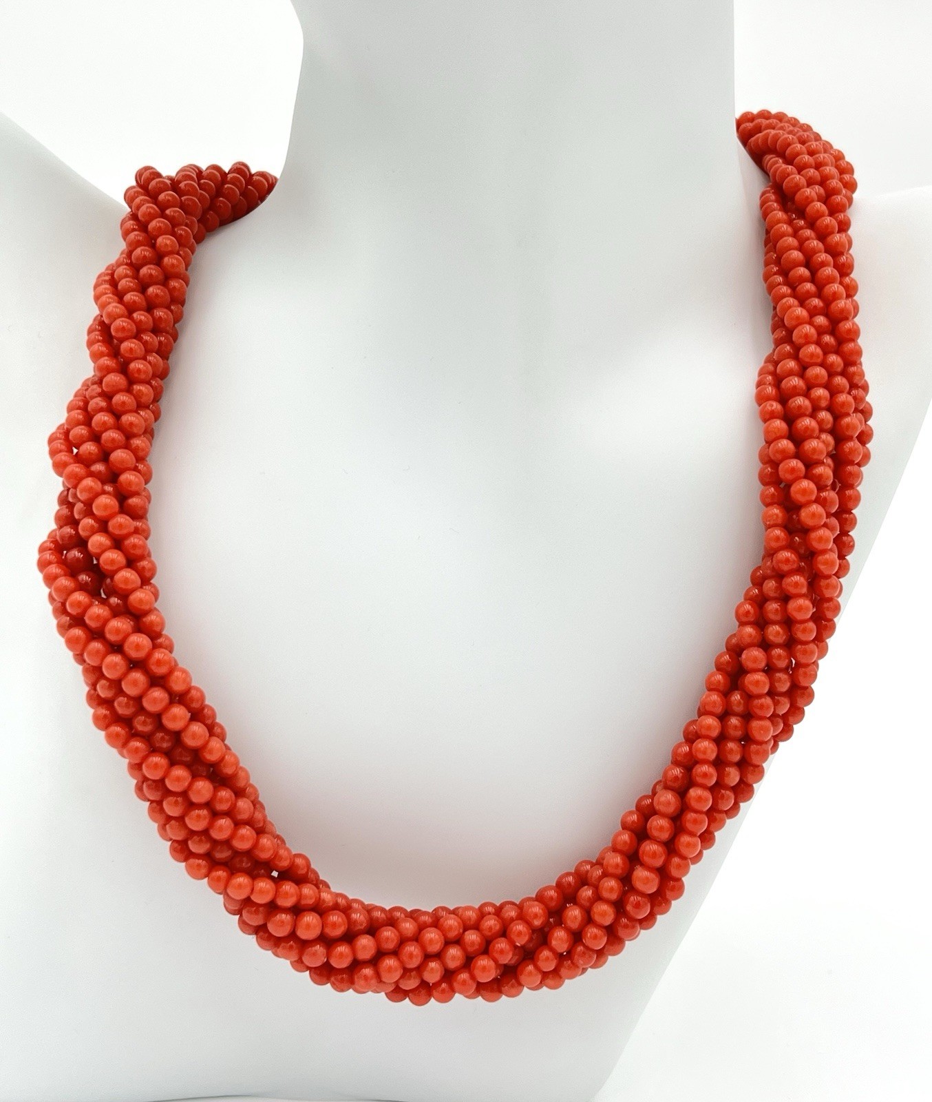 Mediterranean Red Coral Torchon Necklace 9 Strands 4mm 18kt Gold Natural Handmade