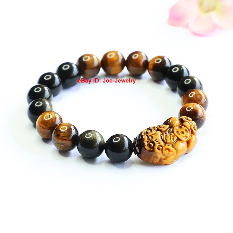 Natural Tiger’s Eye Quartz Pixiu Elastic Bracelet 10mm Bead Stretch 15-17cm