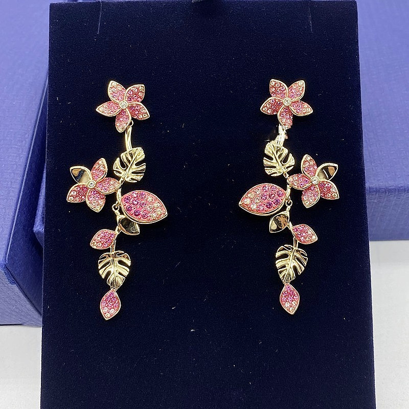 Swarovski Sweet Pink Blooming Flower Tassel Earrings Small Vine Flower Leaf