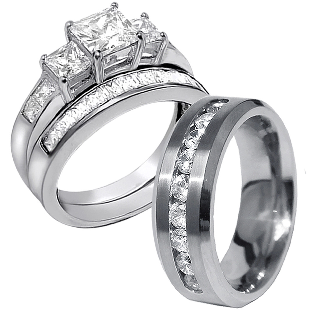 His Stainless Steel Hers 925 Sterling Silver 3 Pcs Princess Cut Wedding Ring Set