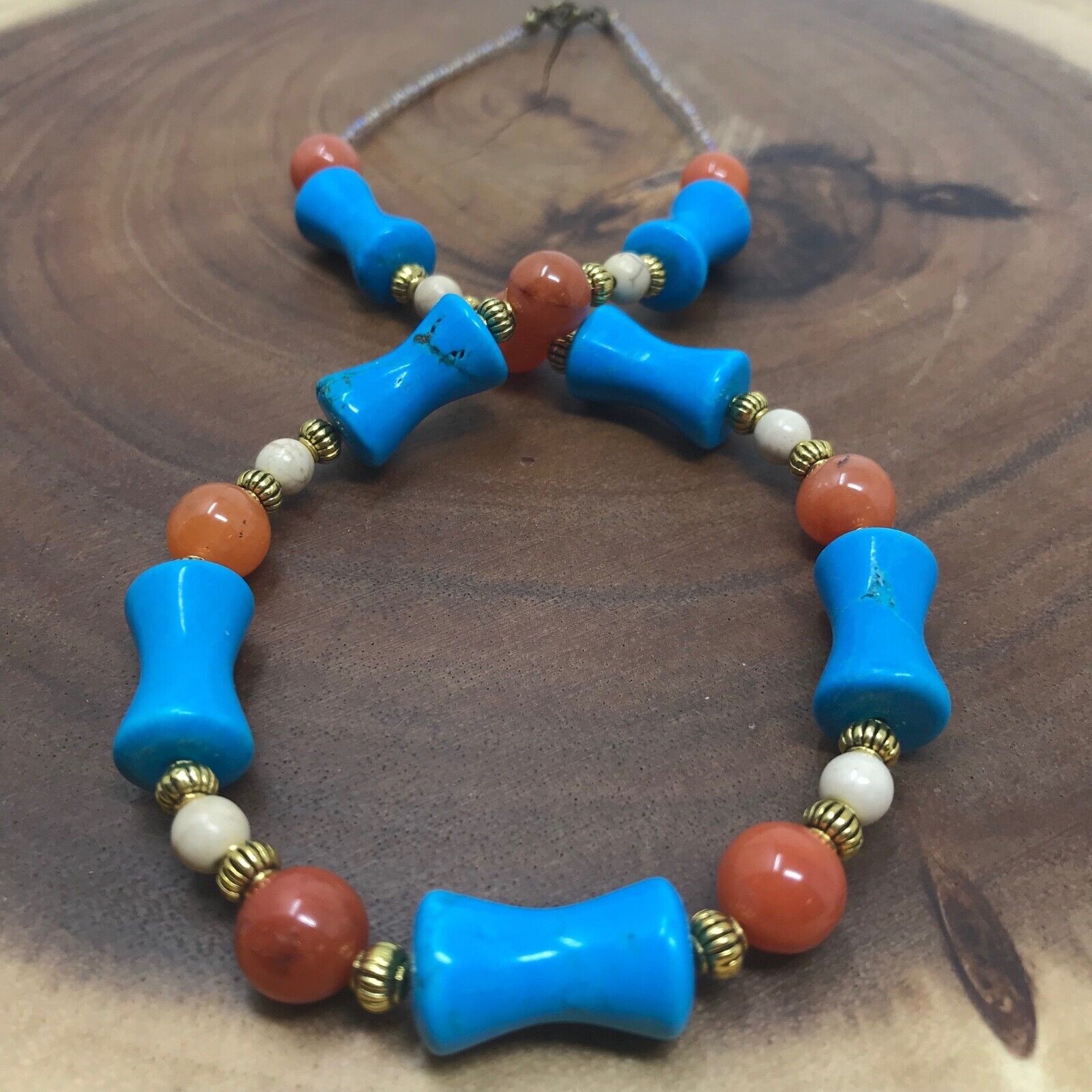 Handmade Necklace of Turquoise and Tan Magnesite and Round Orange Quartz Beads