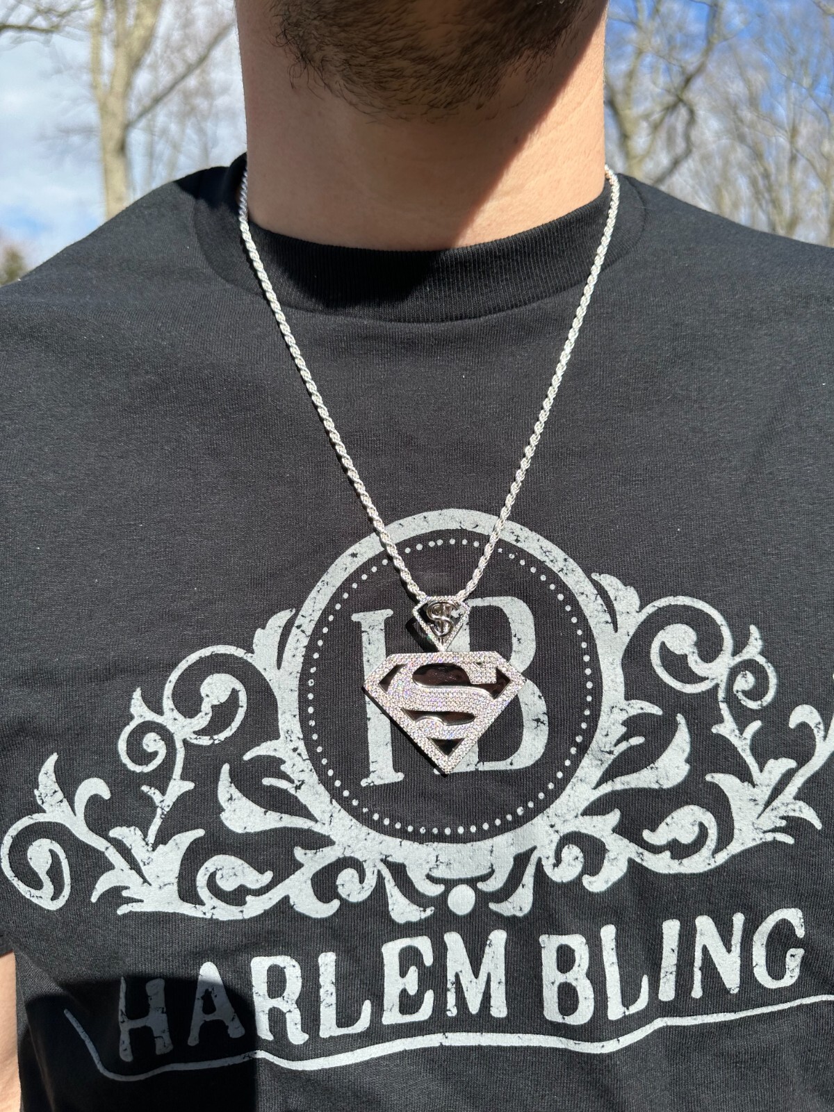 MOISSANITE Real 925 Silver/Gold Plated Iced SUPERMAN Superhero Pendant Necklace