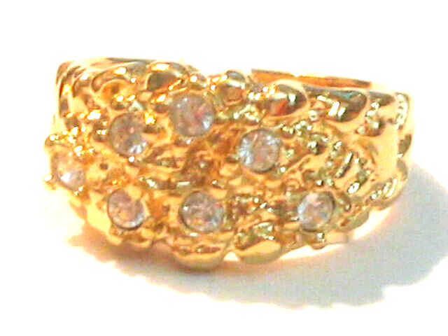 Men’s Gold Plated Stunning Nugget & Austrian Crystal Ring Dura-clad Size 8