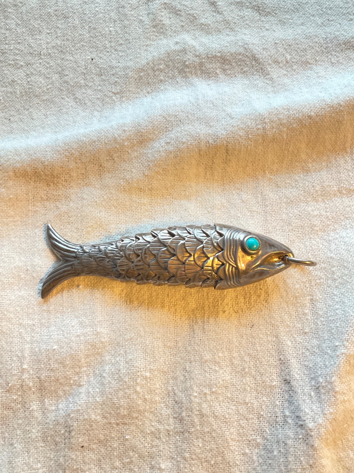 Sterling Silver 3.25” 925 Flexible Large Fish Pendant turquoise colored eyes