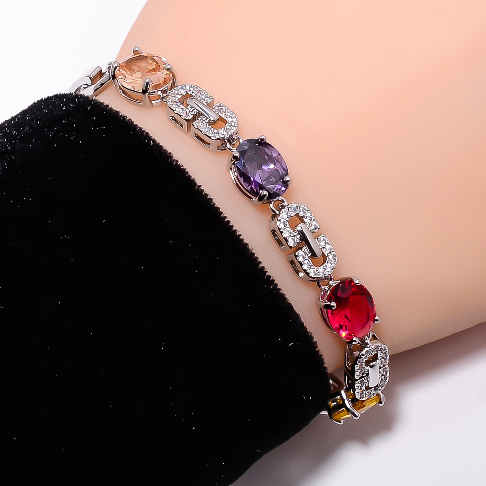 Multi Sapphire -Simulated, CZ 925 Sterling Silver Adjustable Bracelet 7-8″ B228