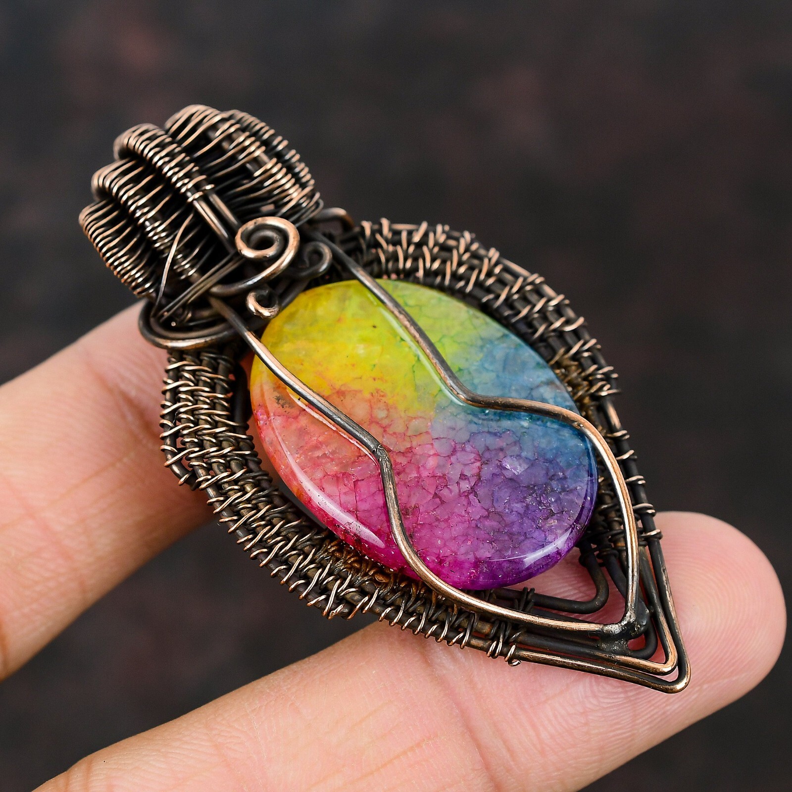 Rainbow Solar Quartz Druzy Copper Gift For Love Wire Wrapped Pendant 2.56″