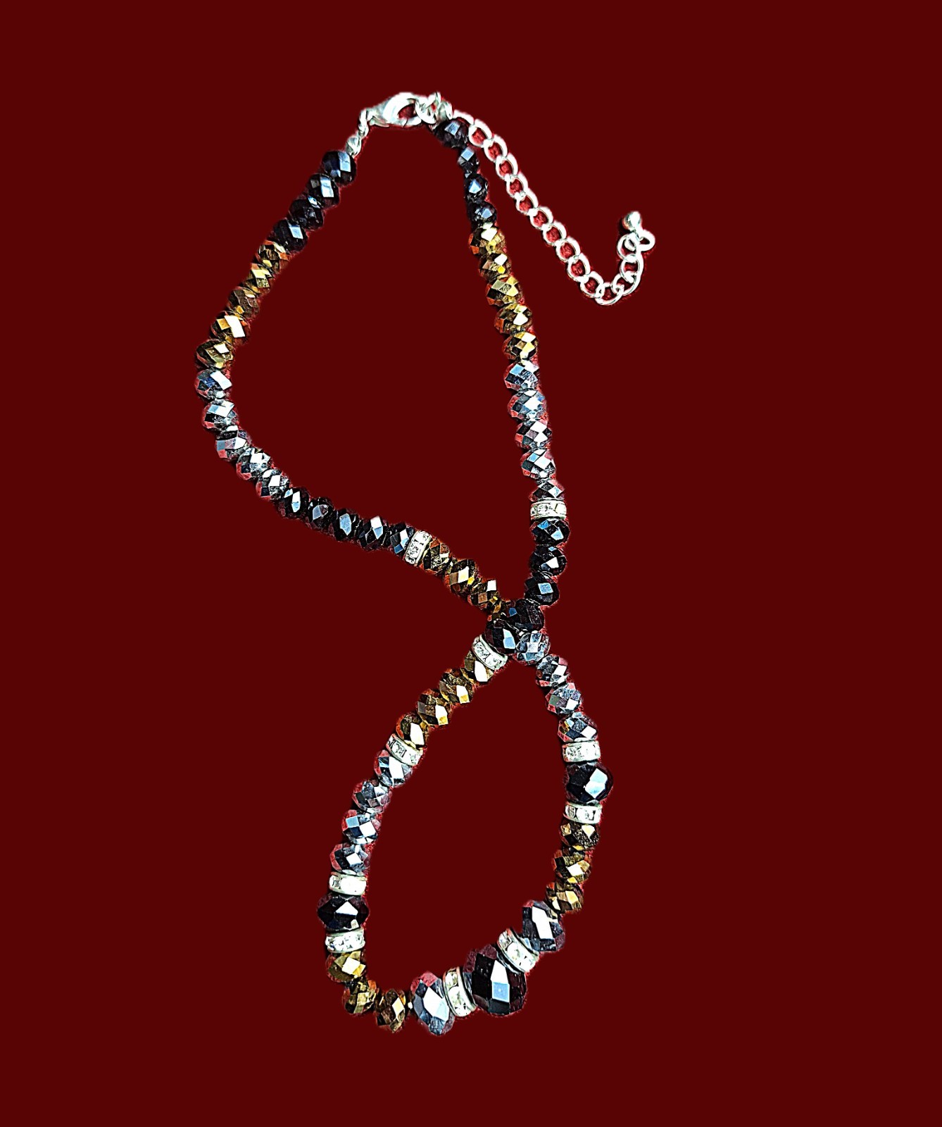 Vtg Gold Silver Black Faceted Glass Beads & Crystal Accents 21″ Choker Necklace