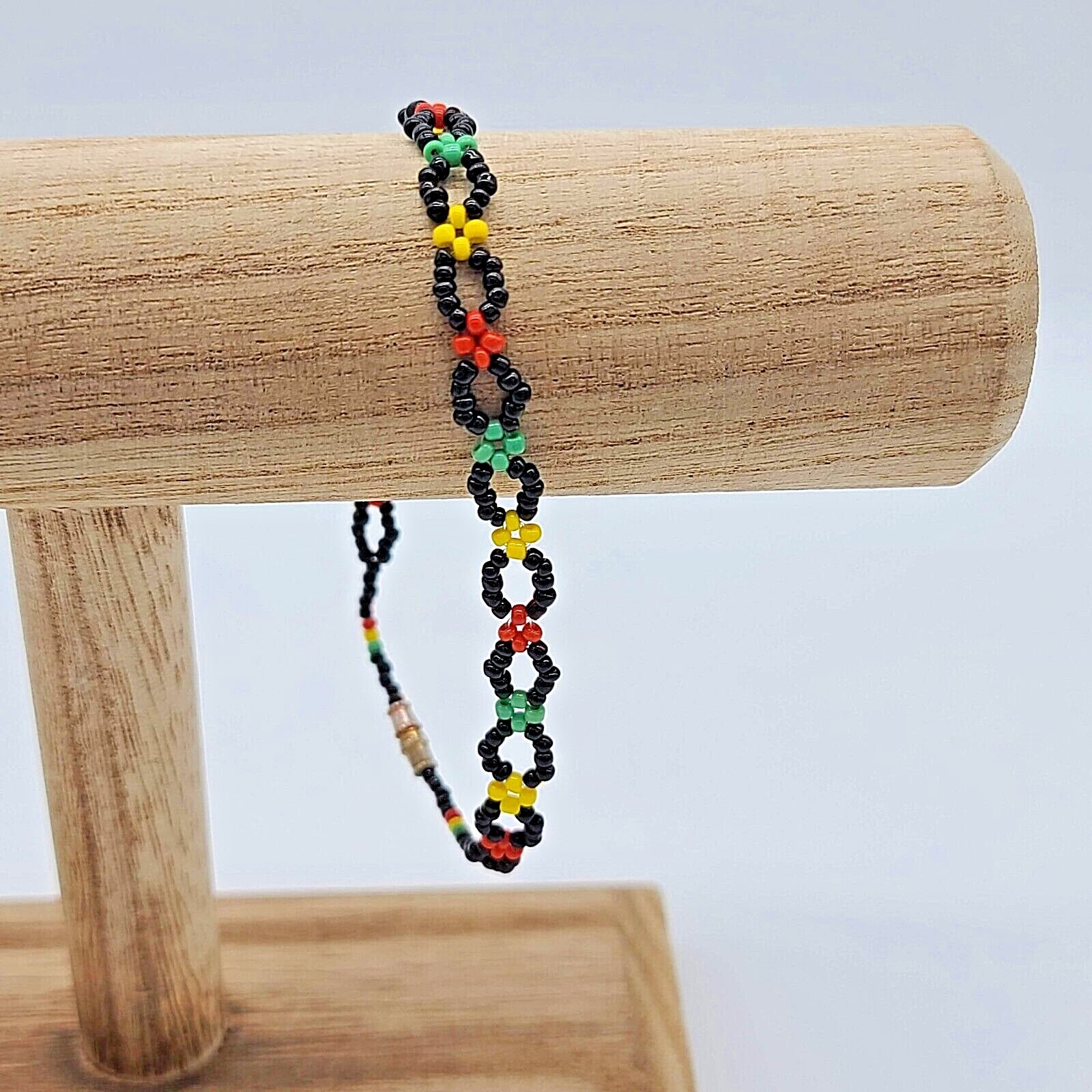 Black, Yellow, Red & Green Seed Bead Woven Anklet