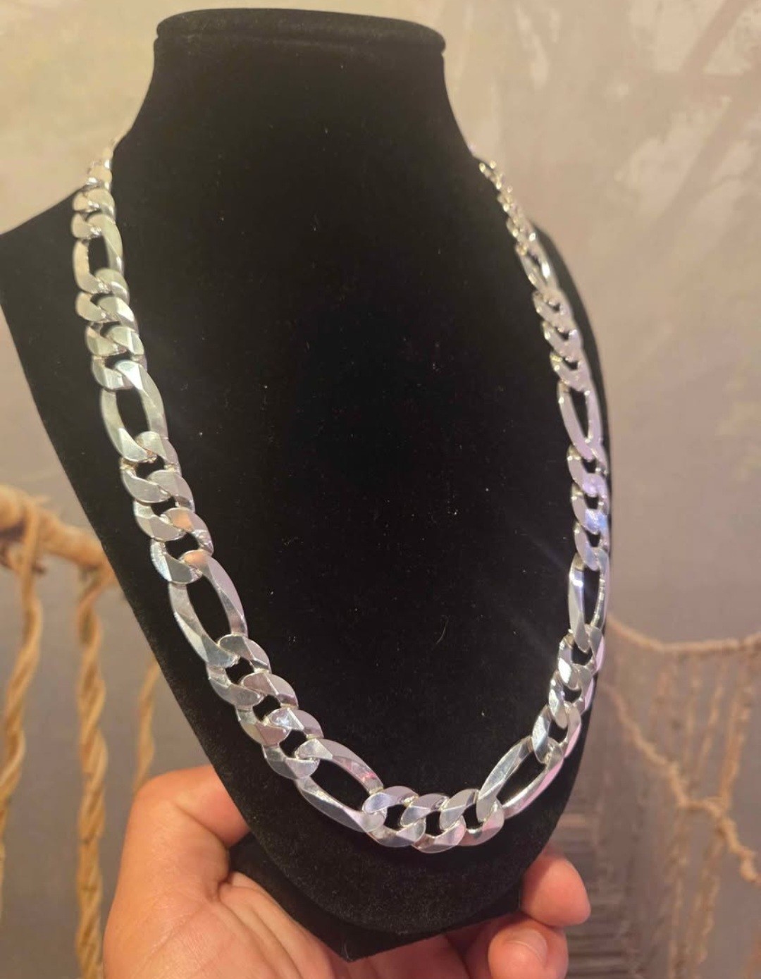 22″ 12.8mm Silver Figaro Chain Necklace- Solid 925 Sterling Silver 96g