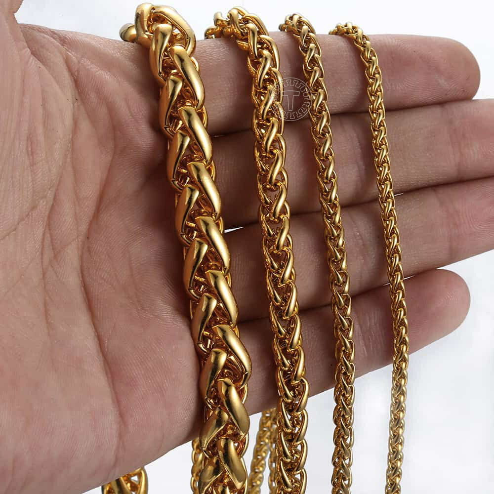 Men Women Braided Wheat Spiga Necklace Gold Plated Stainless Steel Chain 3-9.5mm