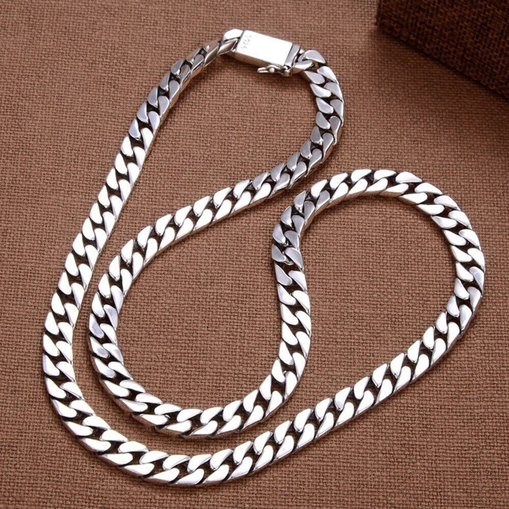 Real S925 Sterling Silver Necklace Women Men Solid Curb Link Chain 8mm 24inchL