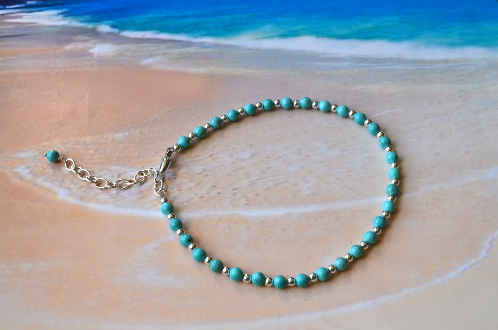 4mm Turquoise Bead and 3mm Sterling Silver Bead Ankle Bracelet 9 to 11 Inches