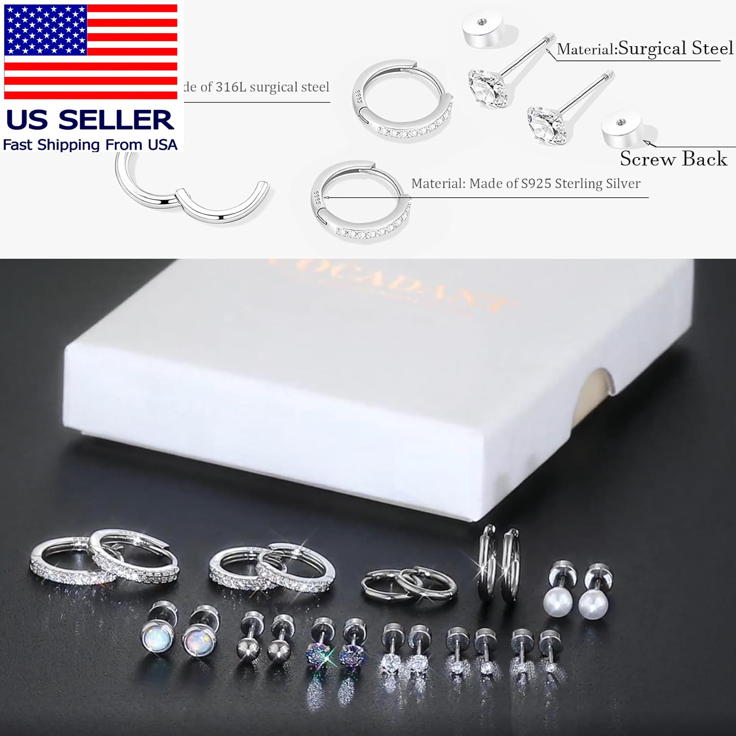Surgical Steel Flat Back Earrings Set for Multiple Piercing Sensitive Ears,Sterl